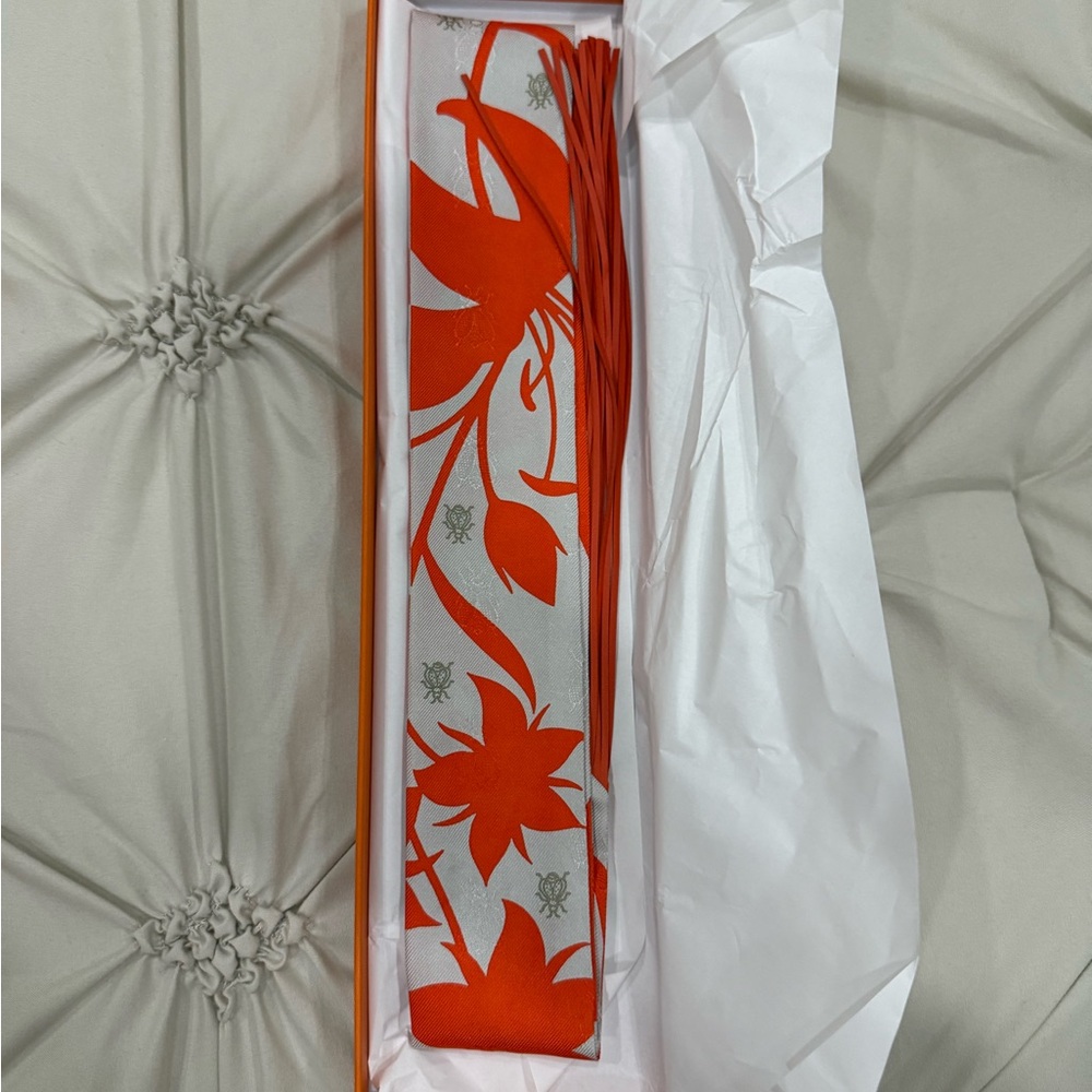 Hermes Orange and Gray Floral Fringe Twilly